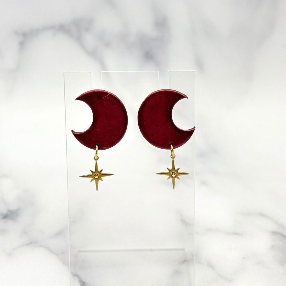 Red Moon and Star Dangle Earrings | Polymer Clay Crescent Jewelry - Picture 6 of 11